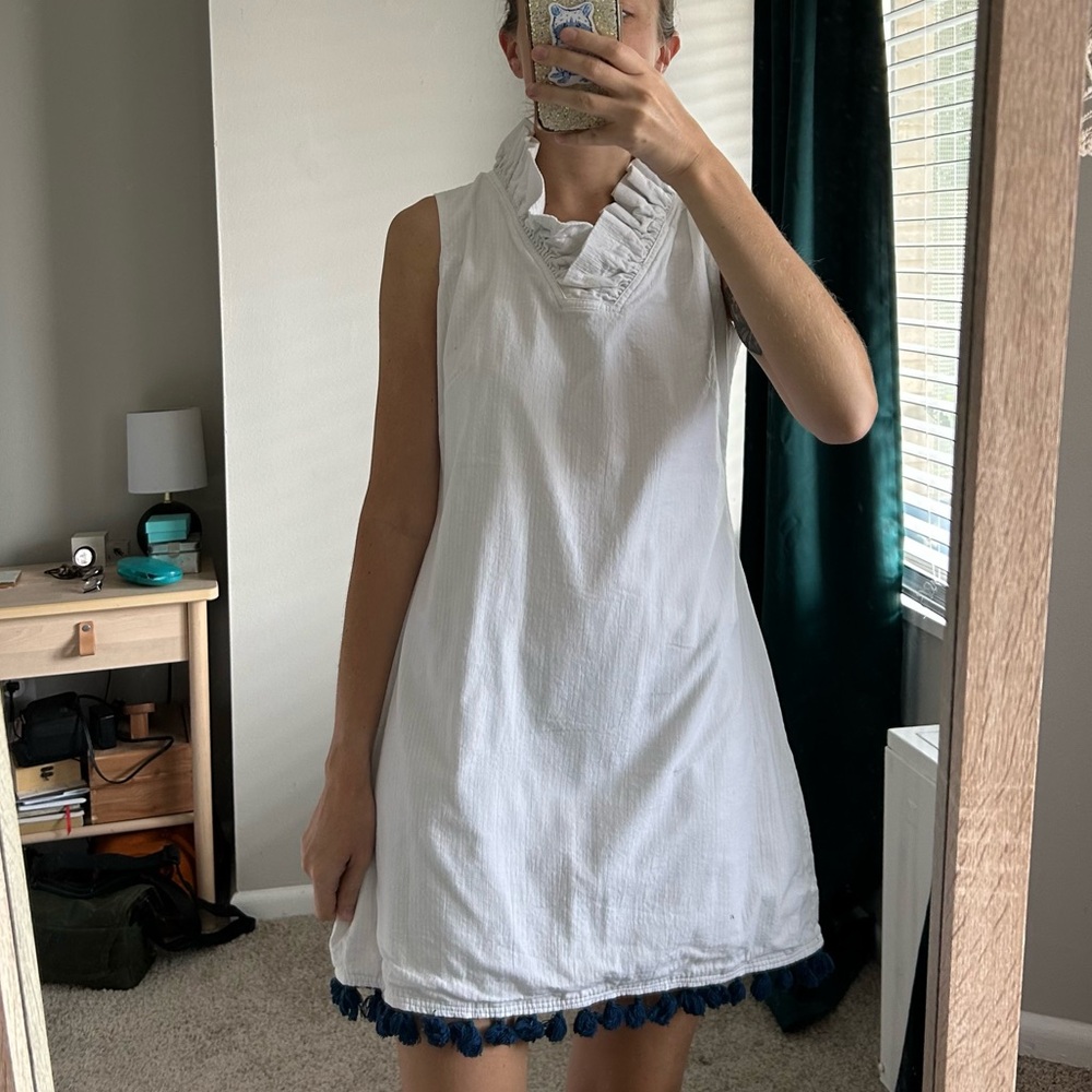 Preppy Ruffled Sleeveless White and Navy Mini Summer Dress